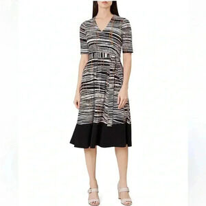 Hobbs London Amelia Abstract Striped MIDI Dress Tie Waist Size 2